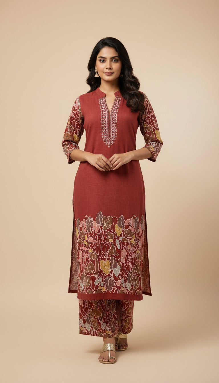 Rust Red Embroidered Rayon Kurti Set
