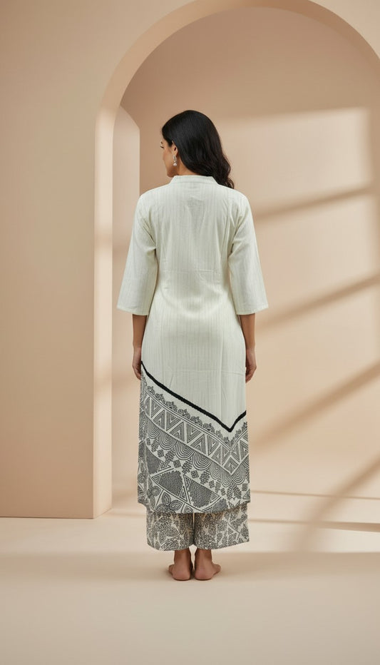 Off-White Geometric Printed Rayon Kurti Set
