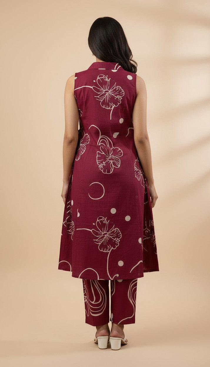 Maroon Abstract Floral Vertican Kurti Set