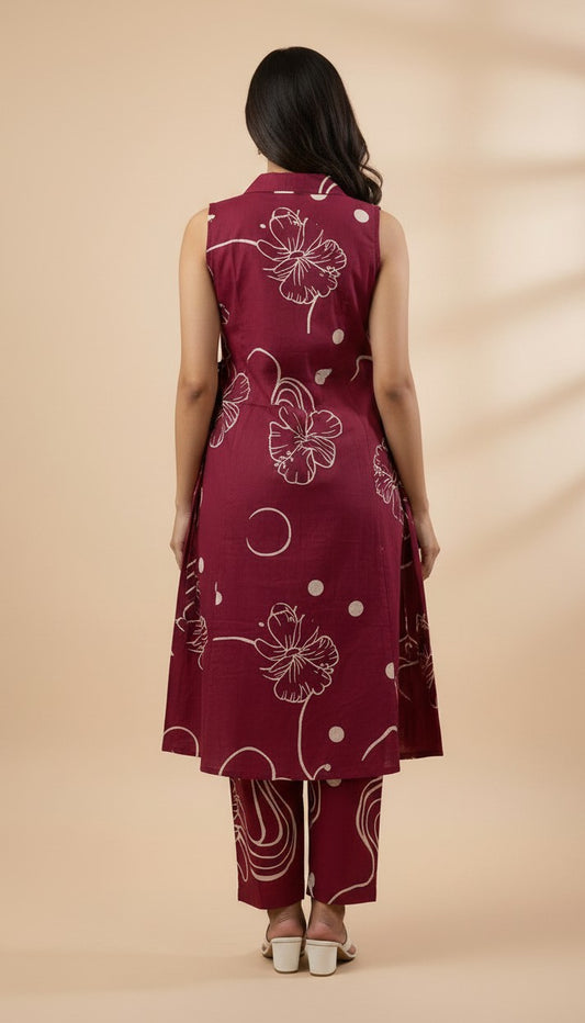 Maroon Abstract Floral Vertican Kurti Set