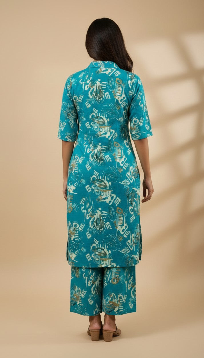 Teal Abstract Printed Vertican Kurti Set with Embroidery & Pockets