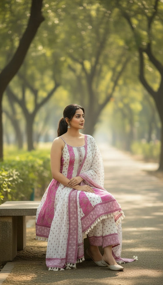 Magenta Block Print Sleeveless pure cotton Anarkali 3-Piece Suit with Stonework & Palazzo