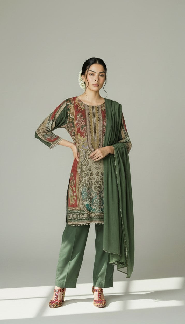 Olive & Rust Turkish Print Pure Crepe 3-Piece Straight Suit Set