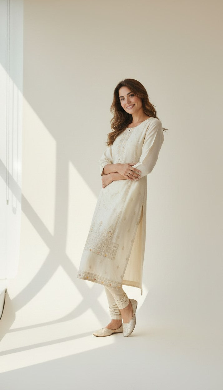 Ivory Radiance Embroidered Silk Kurti