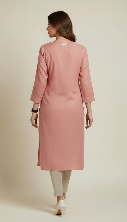 Elegant Rose Pink Roman Silk Kurti with Turquoise Floral Embroidery