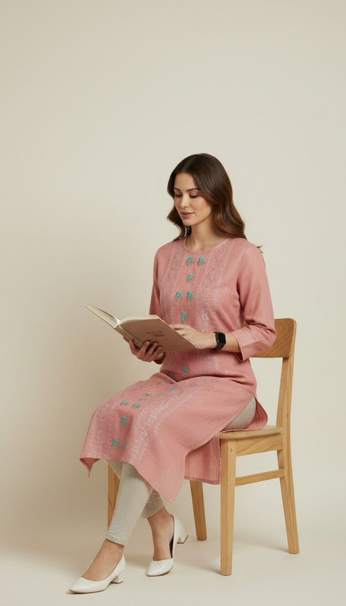 Elegant Rose Pink Roman Silk Kurti with Turquoise Floral Embroidery