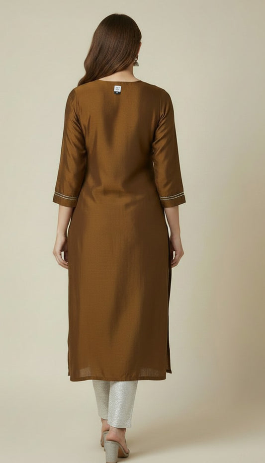 Elegant Coffee Brown Rangeela Silk Kurti with Silver Floral Embroidery
