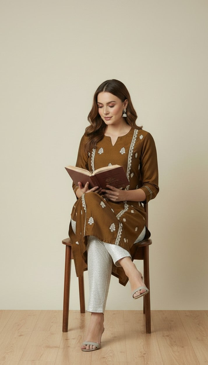 Elegant Coffee Brown Rangeela Silk Kurti with Silver Floral Embroidery