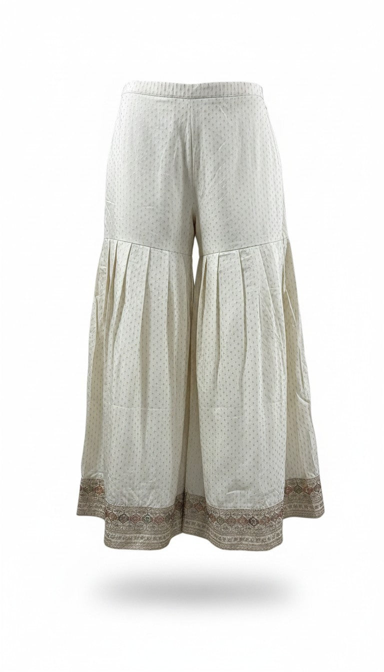 Ivory Elegance 3-Piece Shimmering Gharara Set – Sleeveless Muted Gold Kurti with Mirror Work & Dupatta