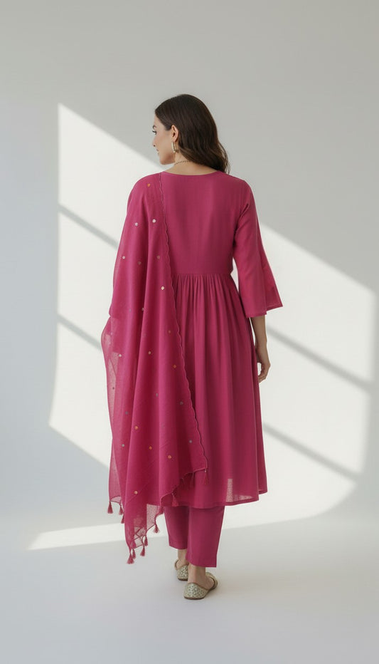 Fuchsia Pink Chinon Embroidered Kurta Set with Dupatta (3-Piece)