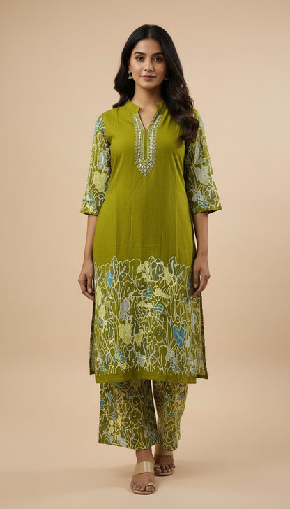Olive Green Embroidered Rayon Kurti Set