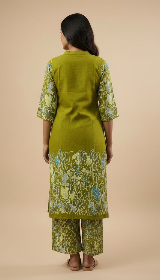 Olive Green Embroidered Rayon Kurti Set