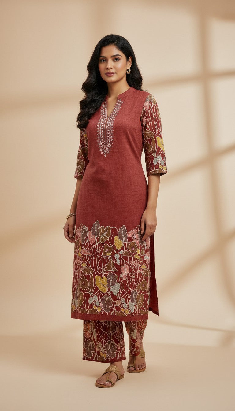 Rust Red Embroidered Rayon Kurti Set