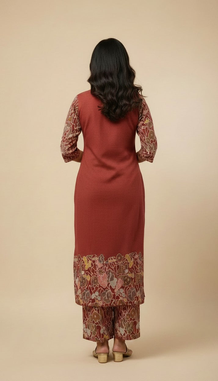 Rust Red Embroidered Rayon Kurti Set