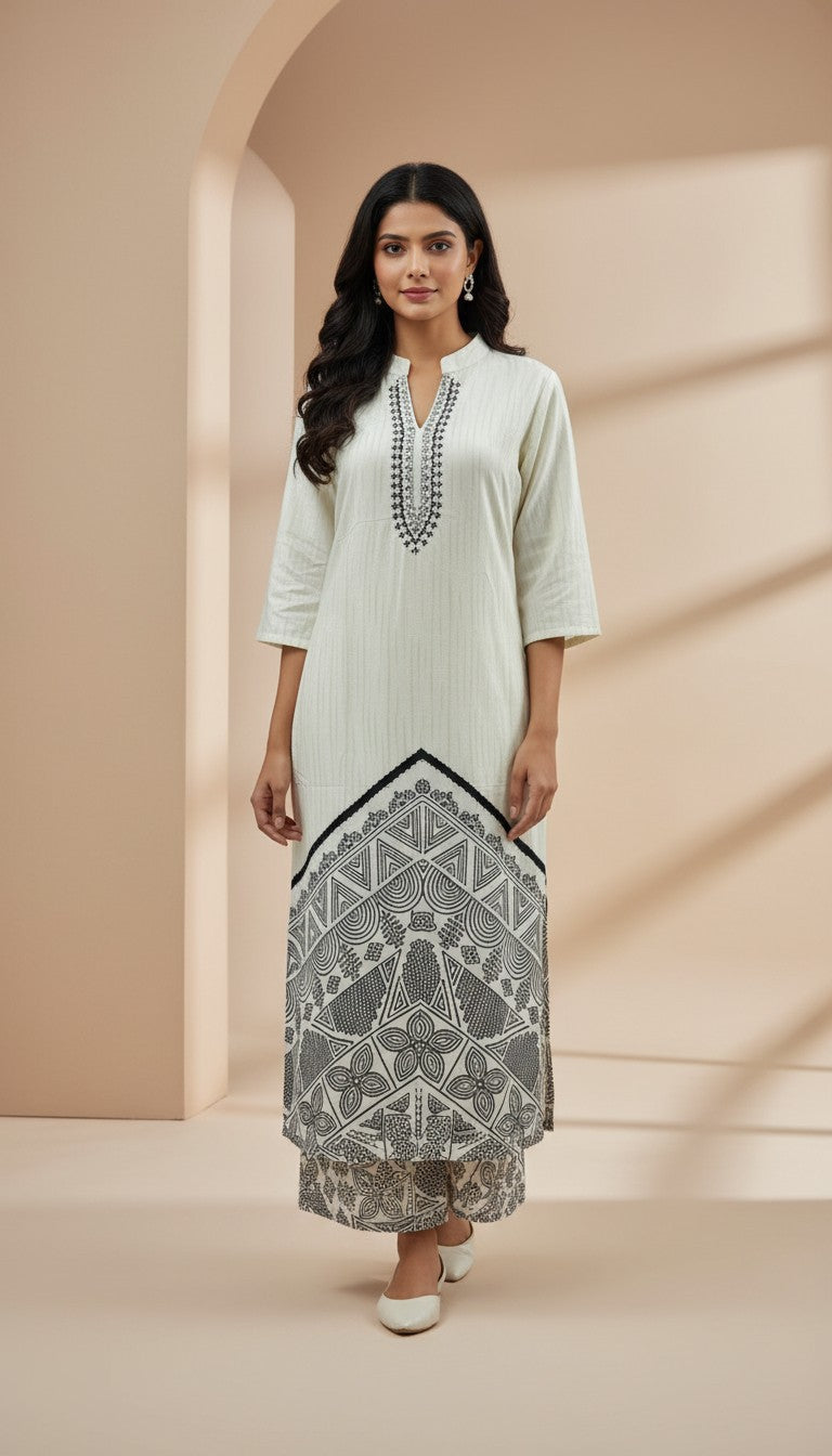 Off-White Geometric Printed Rayon Kurti Set