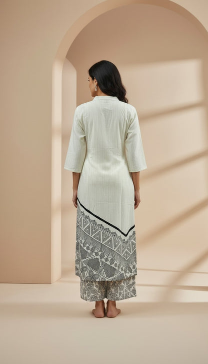 Off-White Geometric Printed Rayon Kurti Set