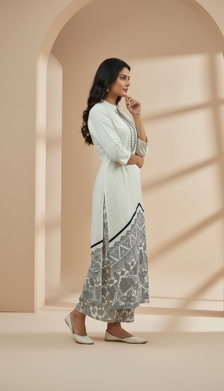 Off-White Geometric Printed Rayon Kurti Set