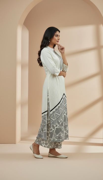 Off-White Geometric Printed Rayon Kurti Set