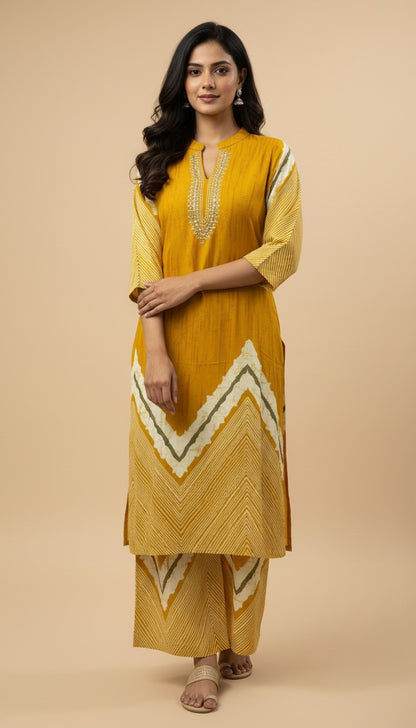 Mustard Yellow Chevron Print Rayon Kurti Set