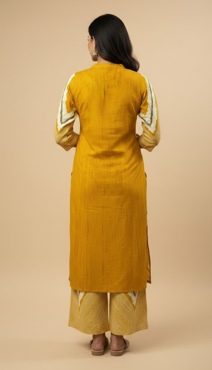Mustard Yellow Chevron Print Rayon Kurti Set