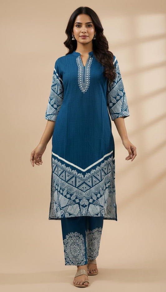 Teal Blue Geometric Printed Rayon Kurti Set