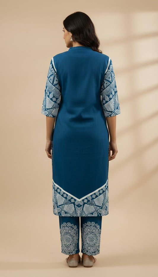 Teal Blue Geometric Printed Rayon Kurti Set