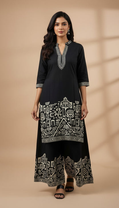 Black Tribal Motif Embroidered Rayon Kurti Set