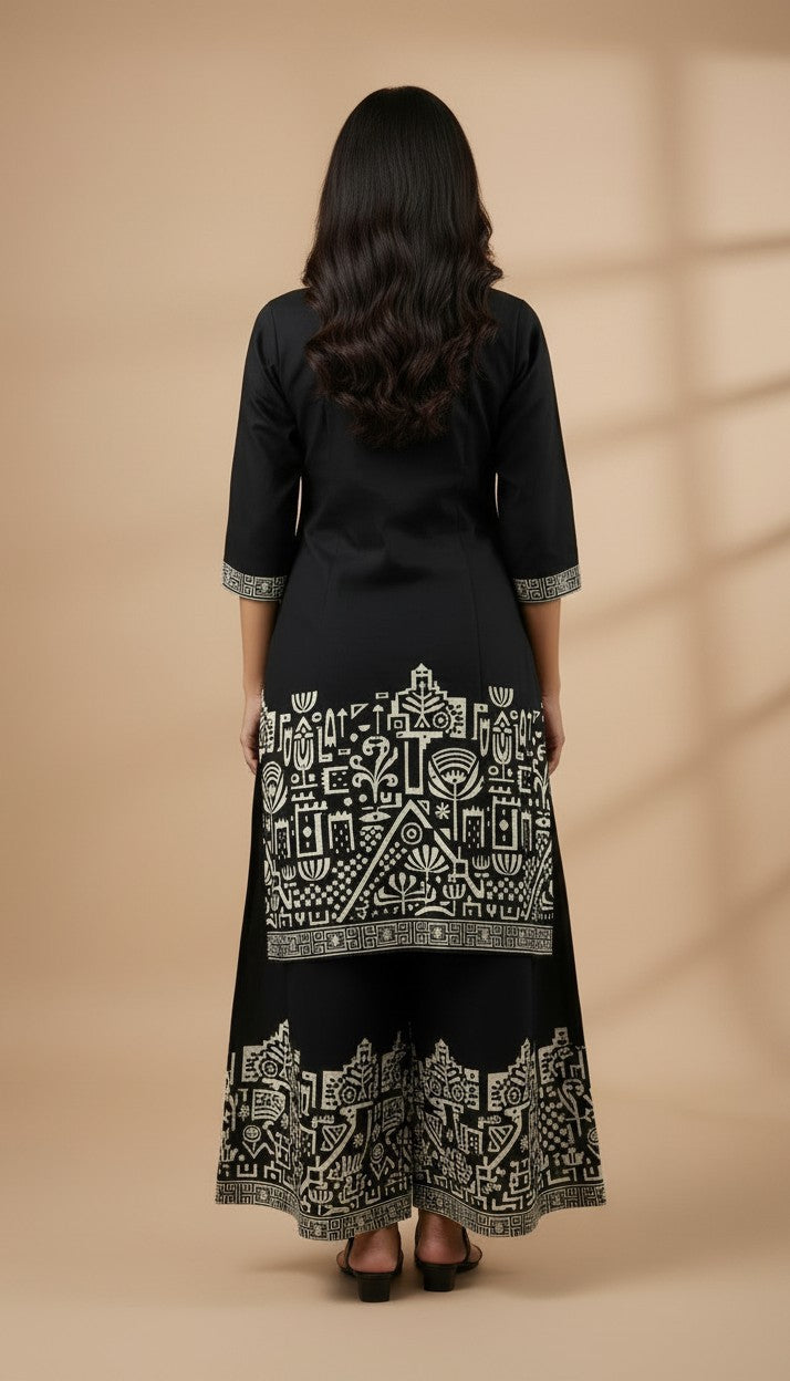 Black Tribal Motif Embroidered Rayon Kurti Set