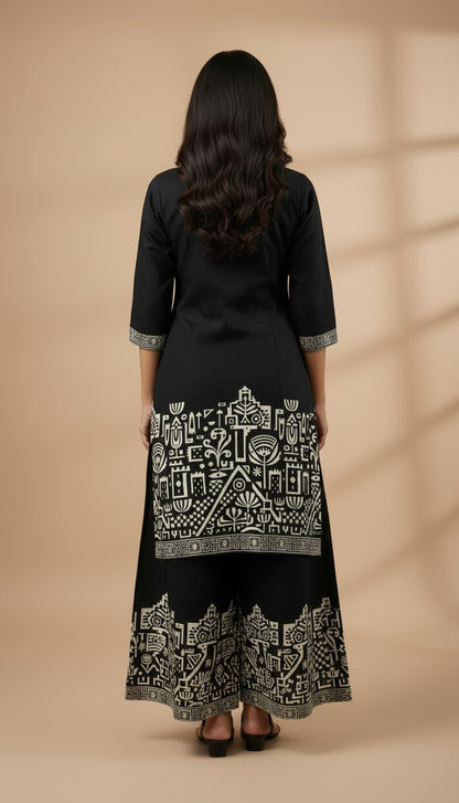 Black Tribal Motif Embroidered Rayon Kurti Set