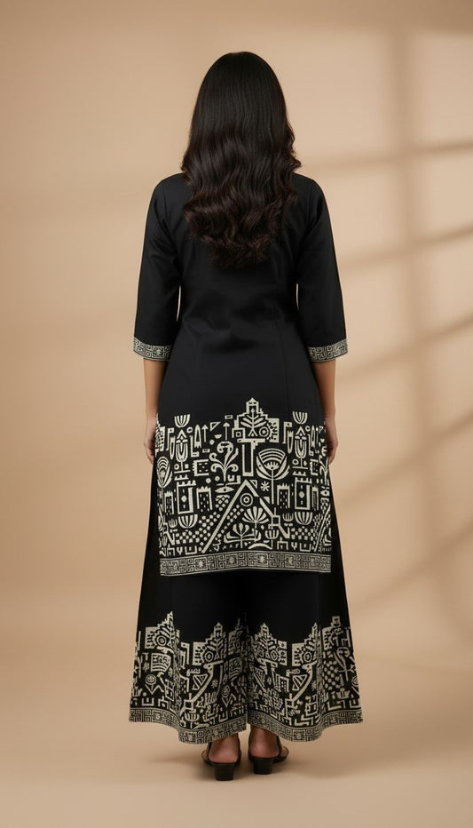 Black Tribal Motif Embroidered Rayon Kurti Set