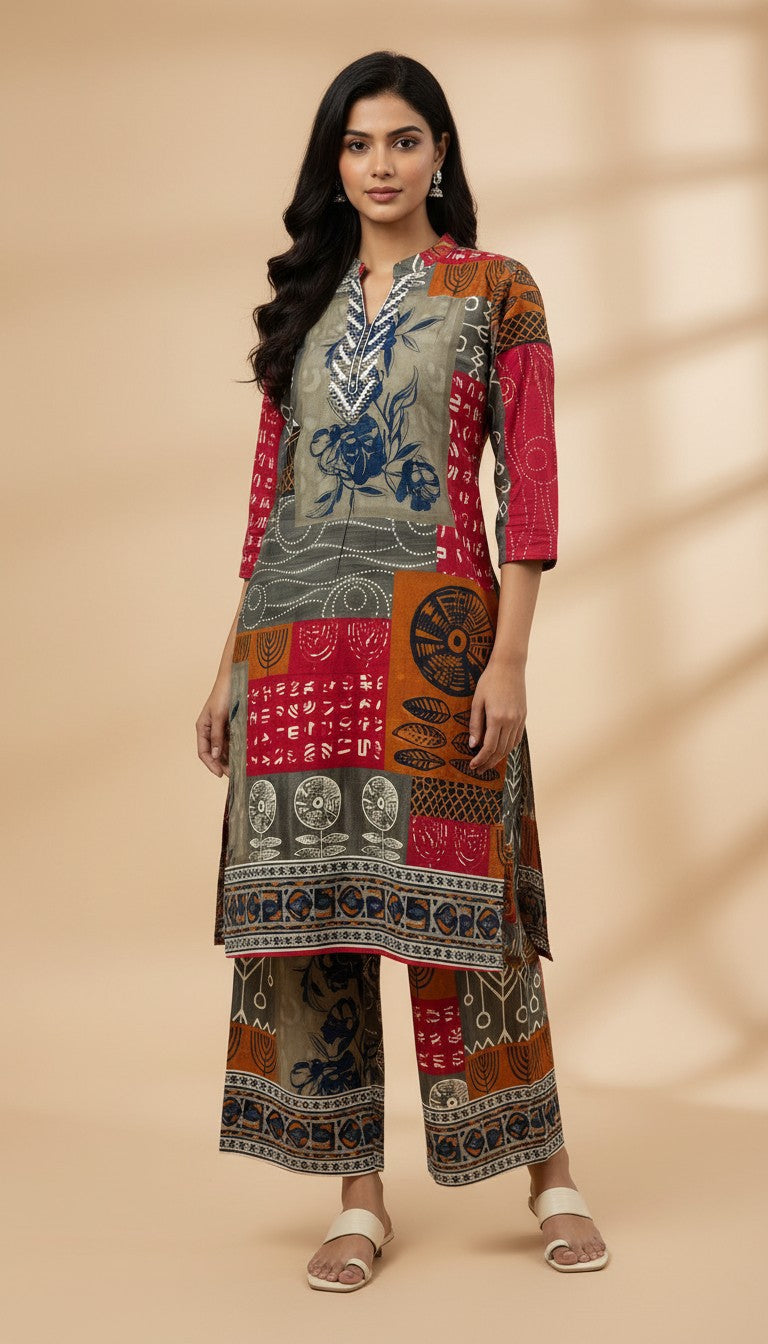 Multicolor Digital Patchwork Print Rayon Kurti Set