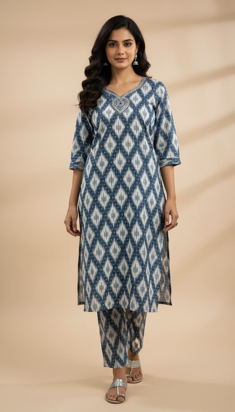 Blue Ikkat Diamond Denting Print Cotton Kurti Set