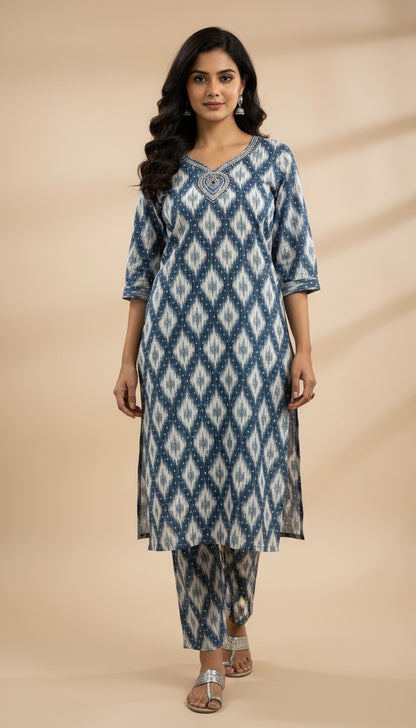 Blue Ikkat Diamond Denting Print Cotton Kurti Set
