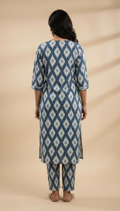 Blue Ikkat Diamond Denting Print Cotton Kurti Set