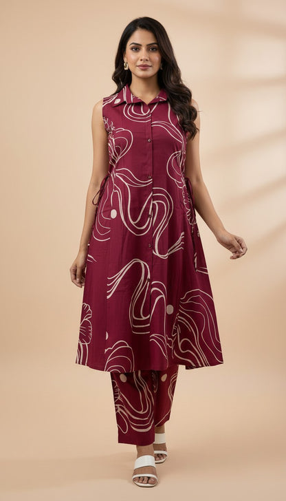 Maroon Abstract Floral Vertican Kurti Set