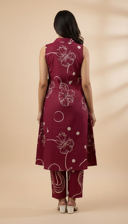 Maroon Abstract Floral Vertican Kurti Set