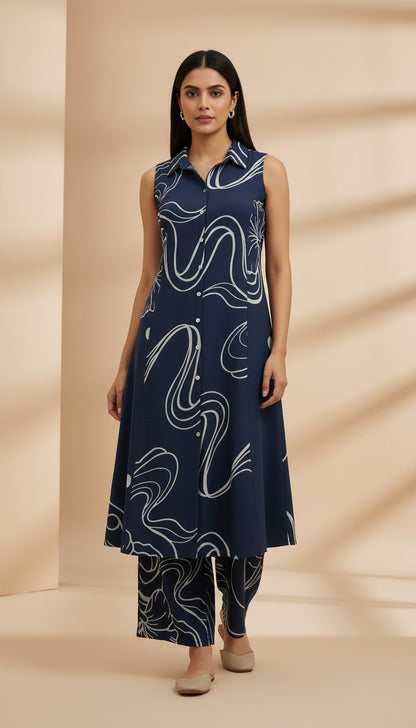Navy Blue Abstract Floral Vertican Kurti Set