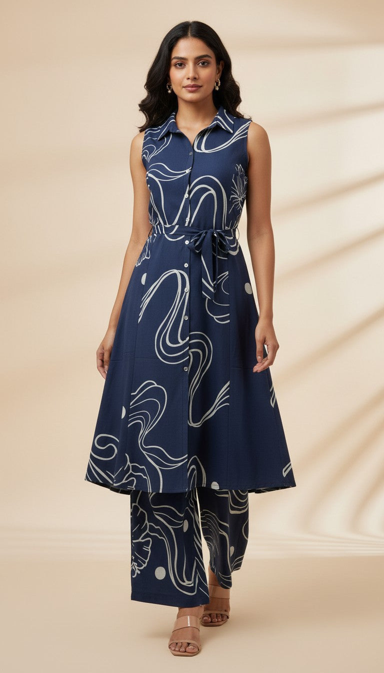 Navy Blue Abstract Floral Vertican Kurti Set