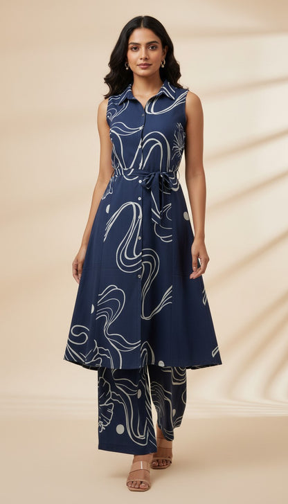 Navy Blue Abstract Floral Vertican Kurti Set