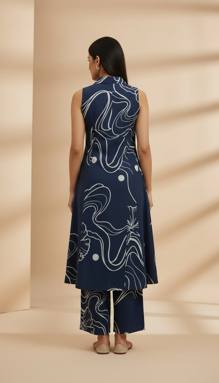 Navy Blue Abstract Floral Vertican Kurti Set