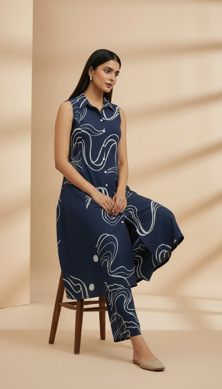Navy Blue Abstract Floral Vertican Kurti Set