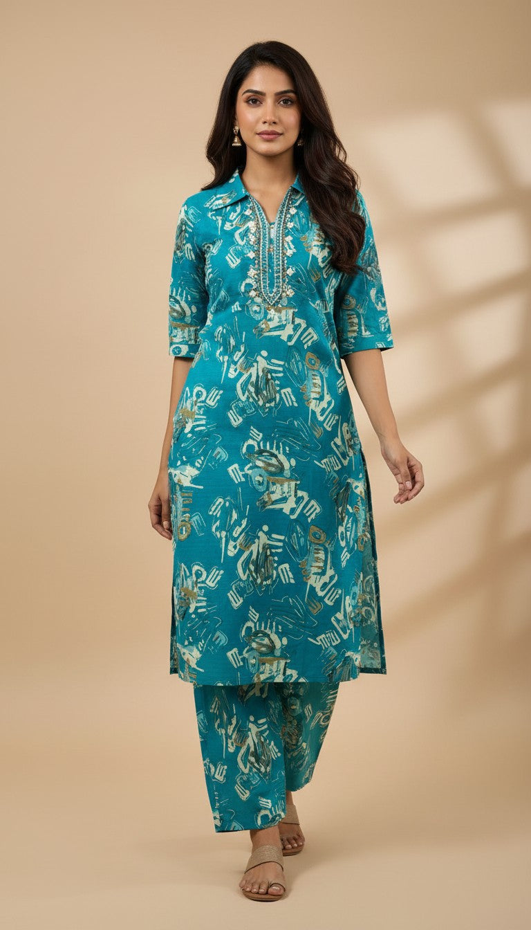 Teal Abstract Printed Vertican Kurti Set with Embroidery & Pockets