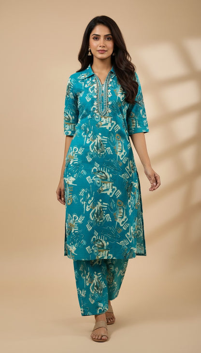 Teal Abstract Printed Vertican Kurti Set with Embroidery & Pockets
