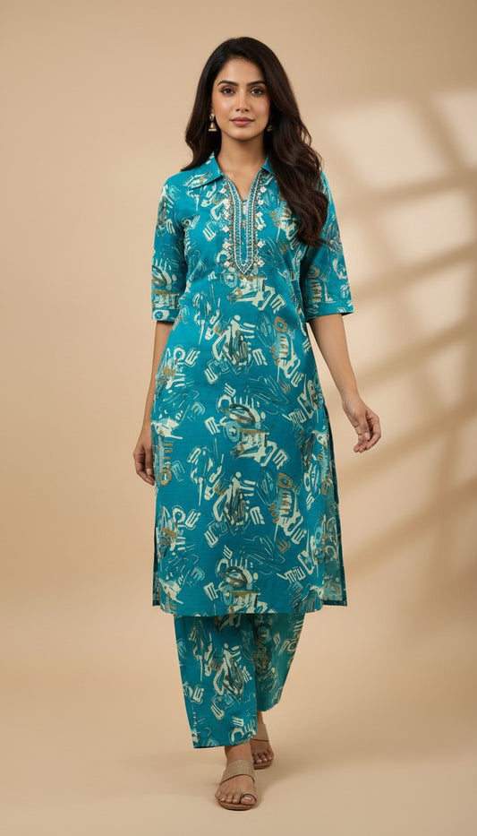 Teal Abstract Printed Vertican Kurti Set with Embroidery & Pockets