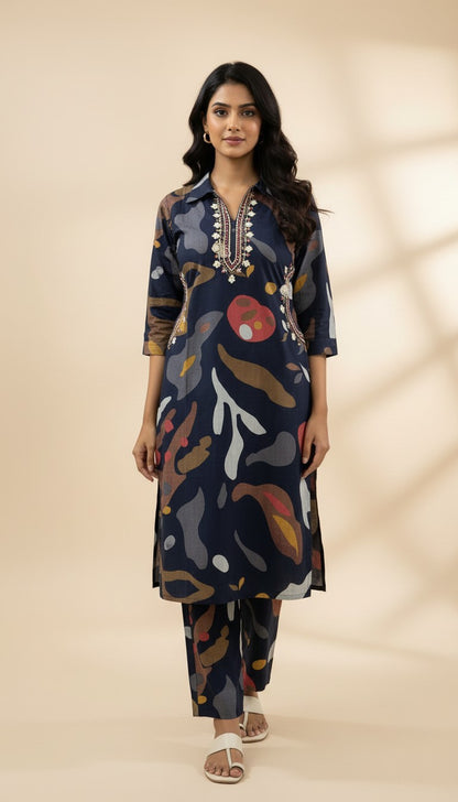 Navy Blue Abstract Printed Vertican Kurti Set with Embroidery & Pockets