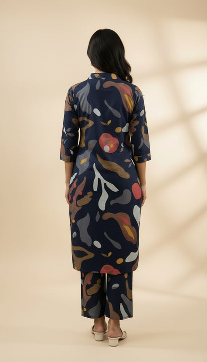 Navy Blue Abstract Printed Vertican Kurti Set with Embroidery & Pockets