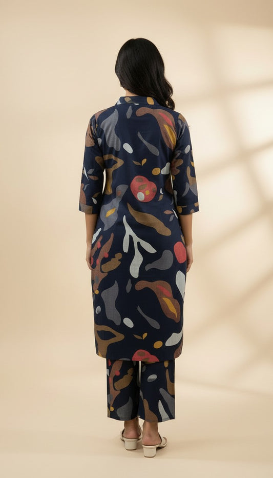 Navy Blue Abstract Printed Vertican Kurti Set with Embroidery & Pockets