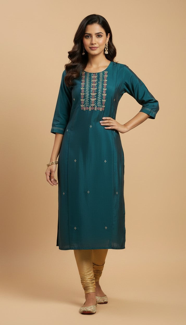 Teal Blue Embroidered Rangeela Silk Kurti