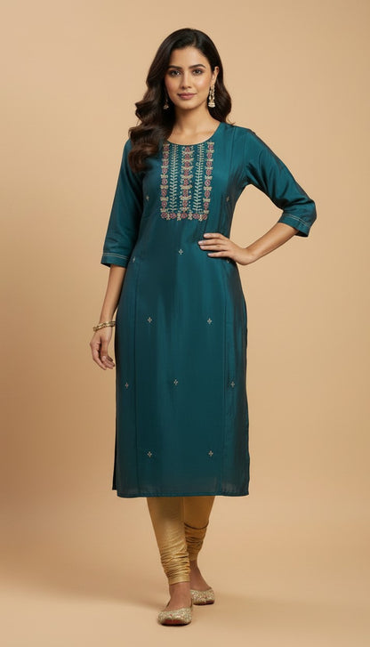 Teal Blue Embroidered Rangeela Silk Kurti