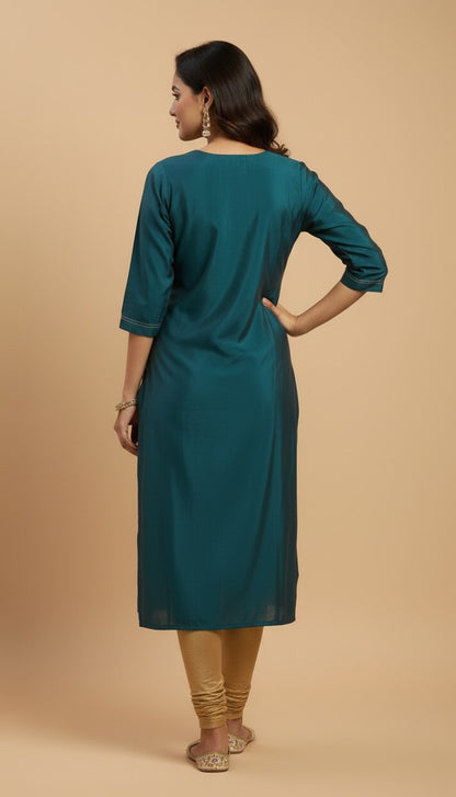 Teal Blue Embroidered Rangeela Silk Kurti